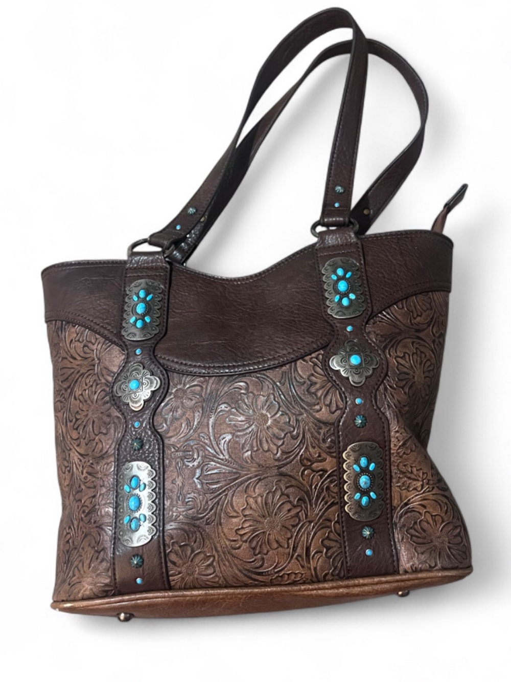 Justin Boots Brown Tooled Leather Concealed Carry Tote Purse Turquoise Conchos